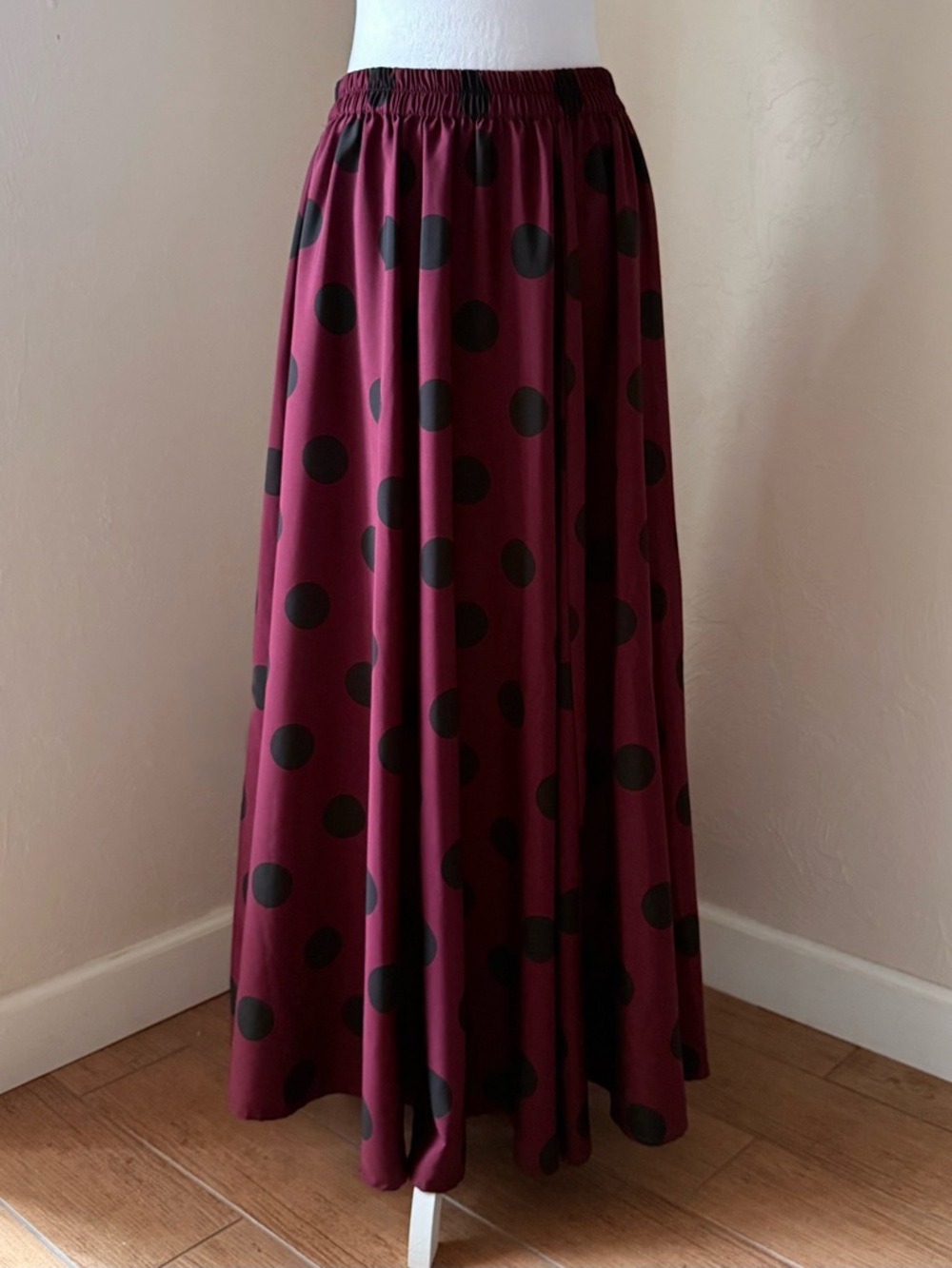 C Est. 1946 Silky Burgundy Red Maxi Skirt with Black Polka Dots M